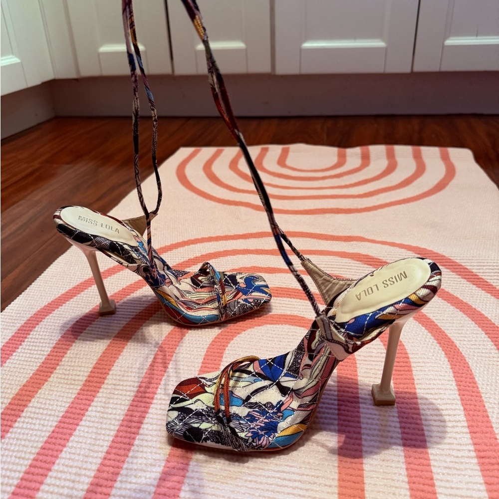Miss Lola Multicolor Floral Lace-Up Stiletto Sandals - Picture 2 of 8